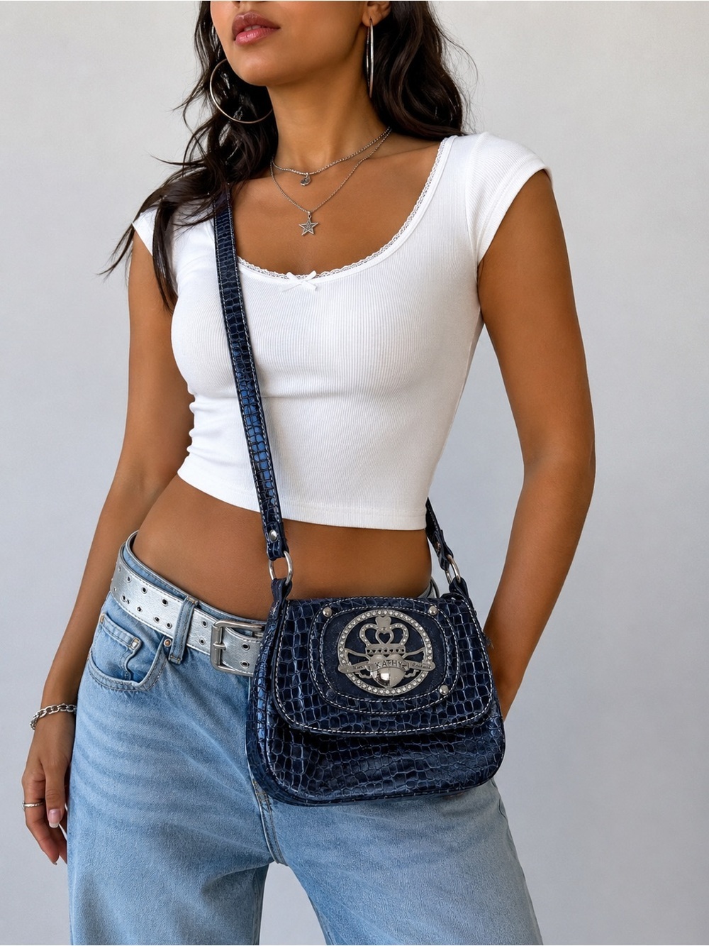 Y2K Kathy Van Zeeland Crown Crossbody Bag Navy Snakeskin McBling Purse